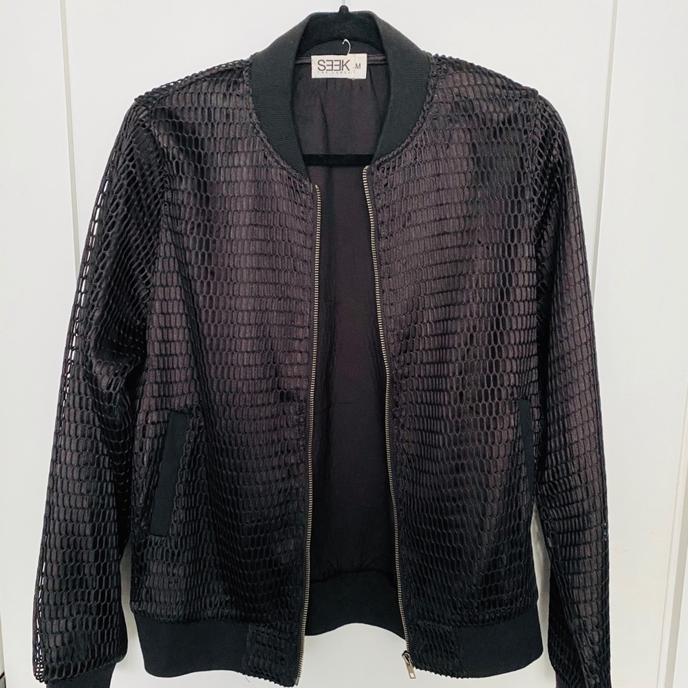 Black Bomber Jacket with Netting Detail
